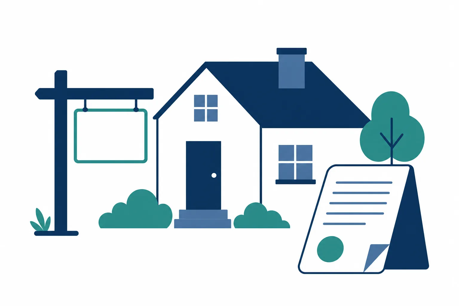 Ilustración: casa con letrero de venta y documento