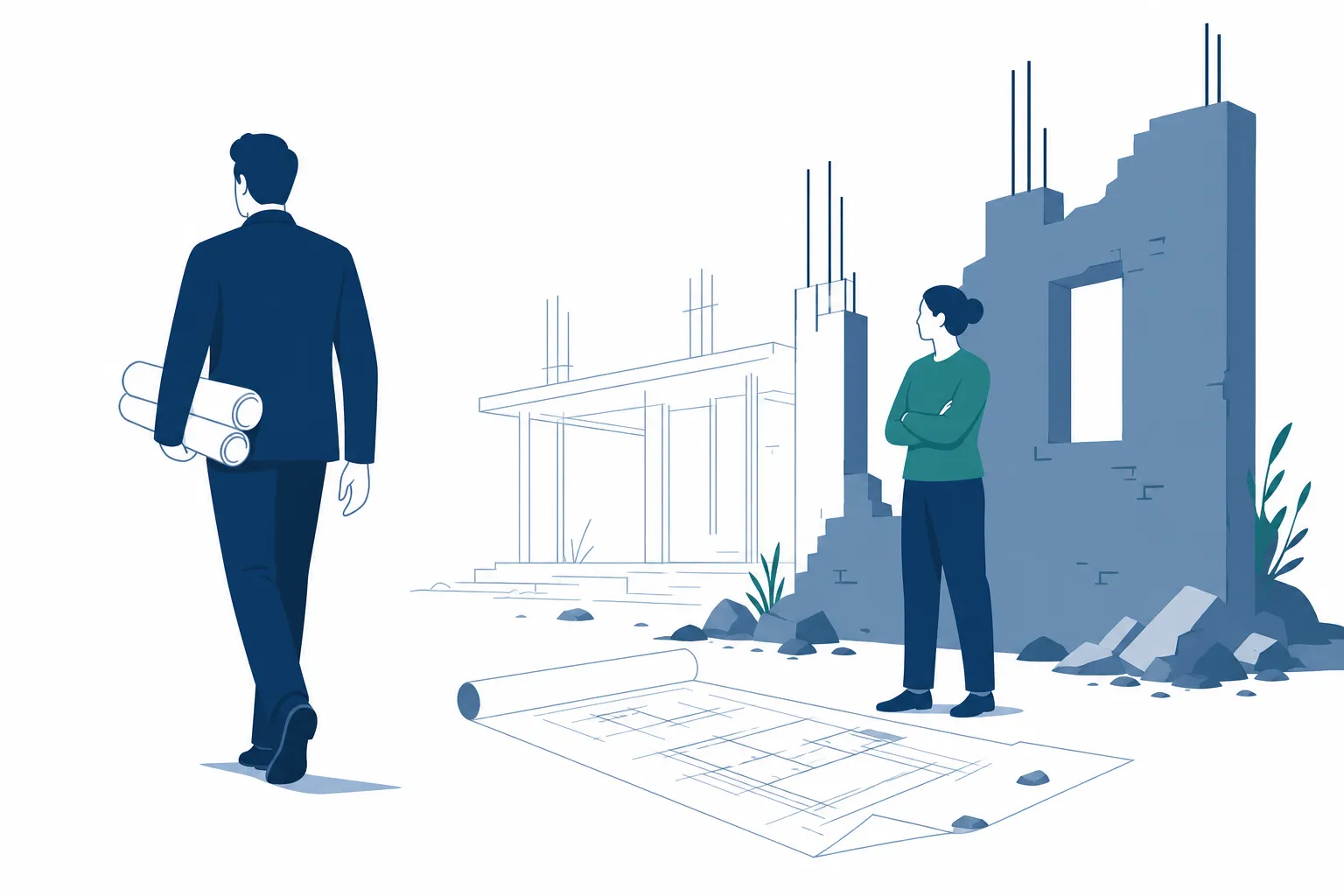 Ilustración: arquitecto retirándose y proyecto abandonado